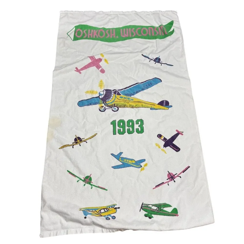 VTG 1993 Oshkosh Wisconsin White Beach Towel Airplane Graphic 36 X 62” READ FLAW